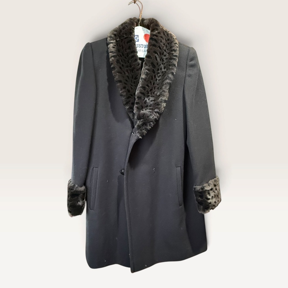 Alorna Black Faux Fur Leopard Collar Coat Vintage Mid Length Made in USA